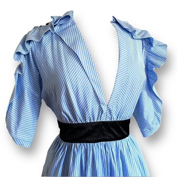 Manoush Womens Dress Sz 42 US 10 Blue White Stripe Ruffle Sleeve Plunge Neckline - Picture 5 of 11